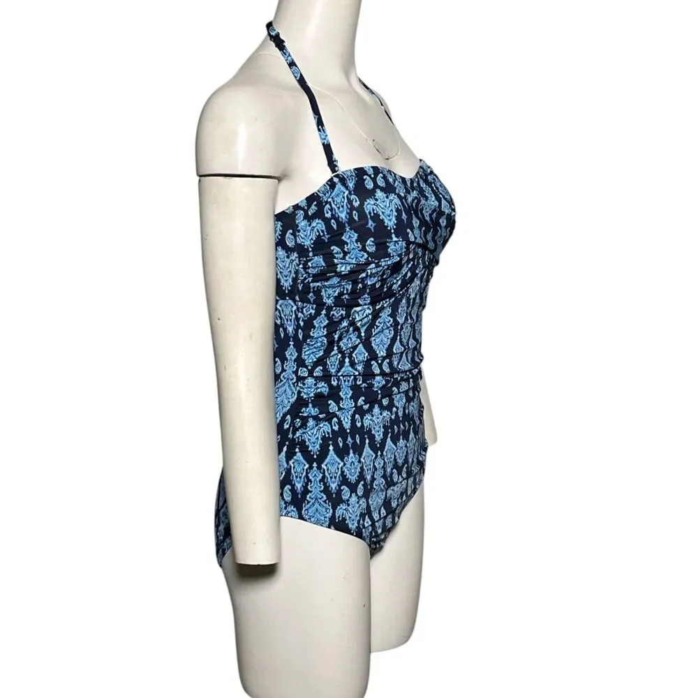 Garnet Hill One Piece Swimsuit Size 8 Ruched Bandeau Halter Blue Paisley NWT